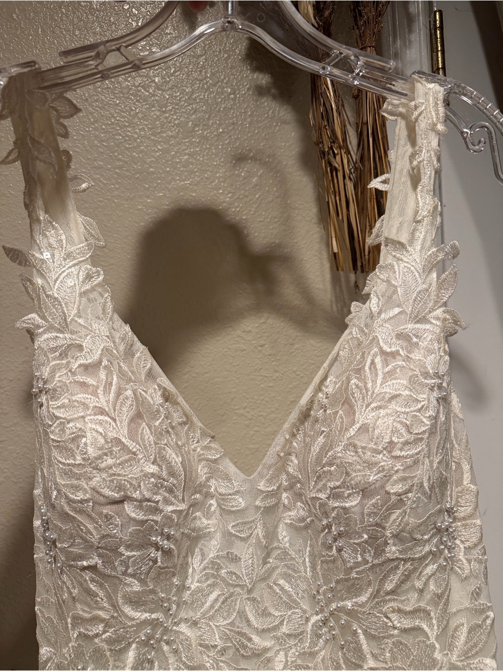 Ivory Lace Appliqué V-Neck Bridal Dress with Floral Strap Detail - worn x1